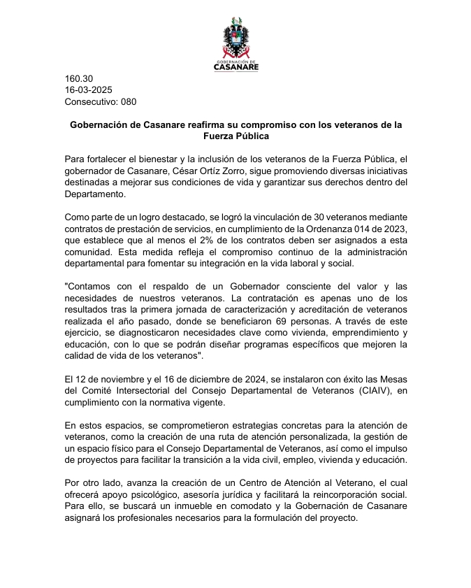 Los Héroes La Gobernación de Casanare Apoya a los Veteranos de la Fuerza Pública